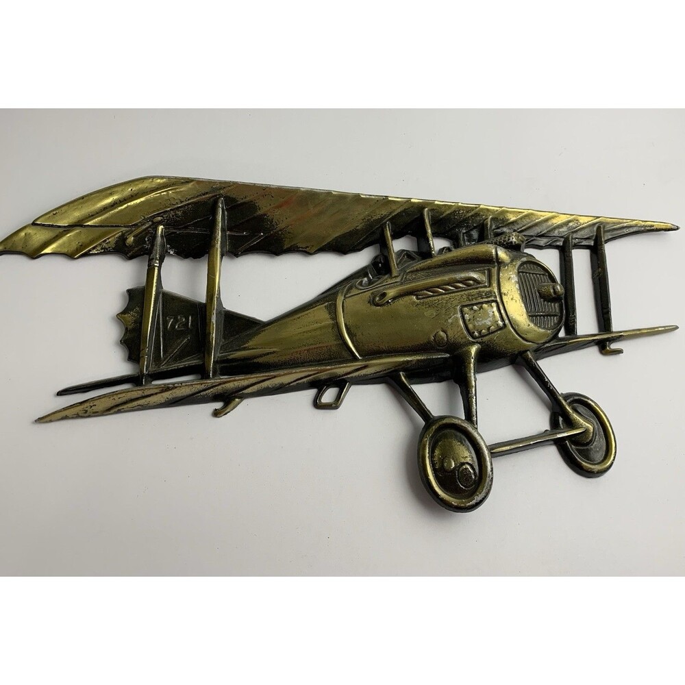 Vintage Metal Airplane 3D Wall Decor Bi-plane #1158 Japan Brass Tone (Flaw)